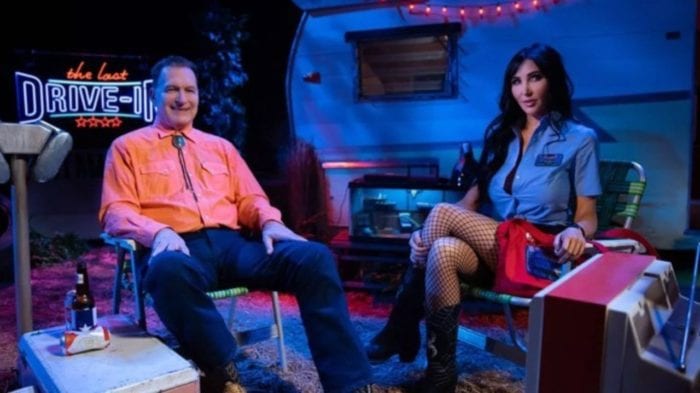 Joe Bob Briggs with Darcy on The Last Drive-In with Shudder.