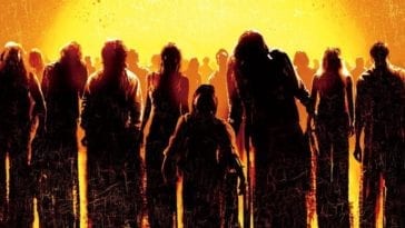 A picture of a crowd of silhouetted zombies that is from the 2004 Dawn of the Dead poster.