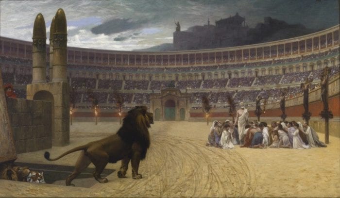 Jean-Leon Gerome's painting depicting ancient Christians praying in a Roman arena as a lion approaches them.