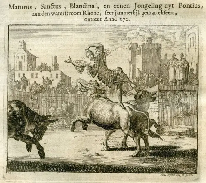 The martyr Blandina is tossed by a bull in the arena