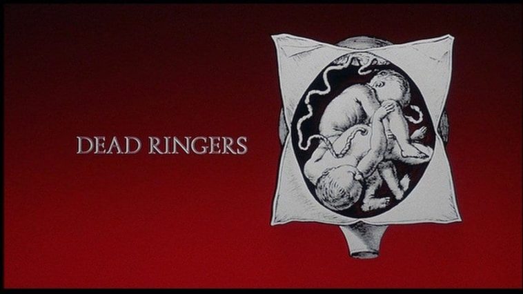 Dead Ringers title card with a red background and a drawing of two babies in one womb