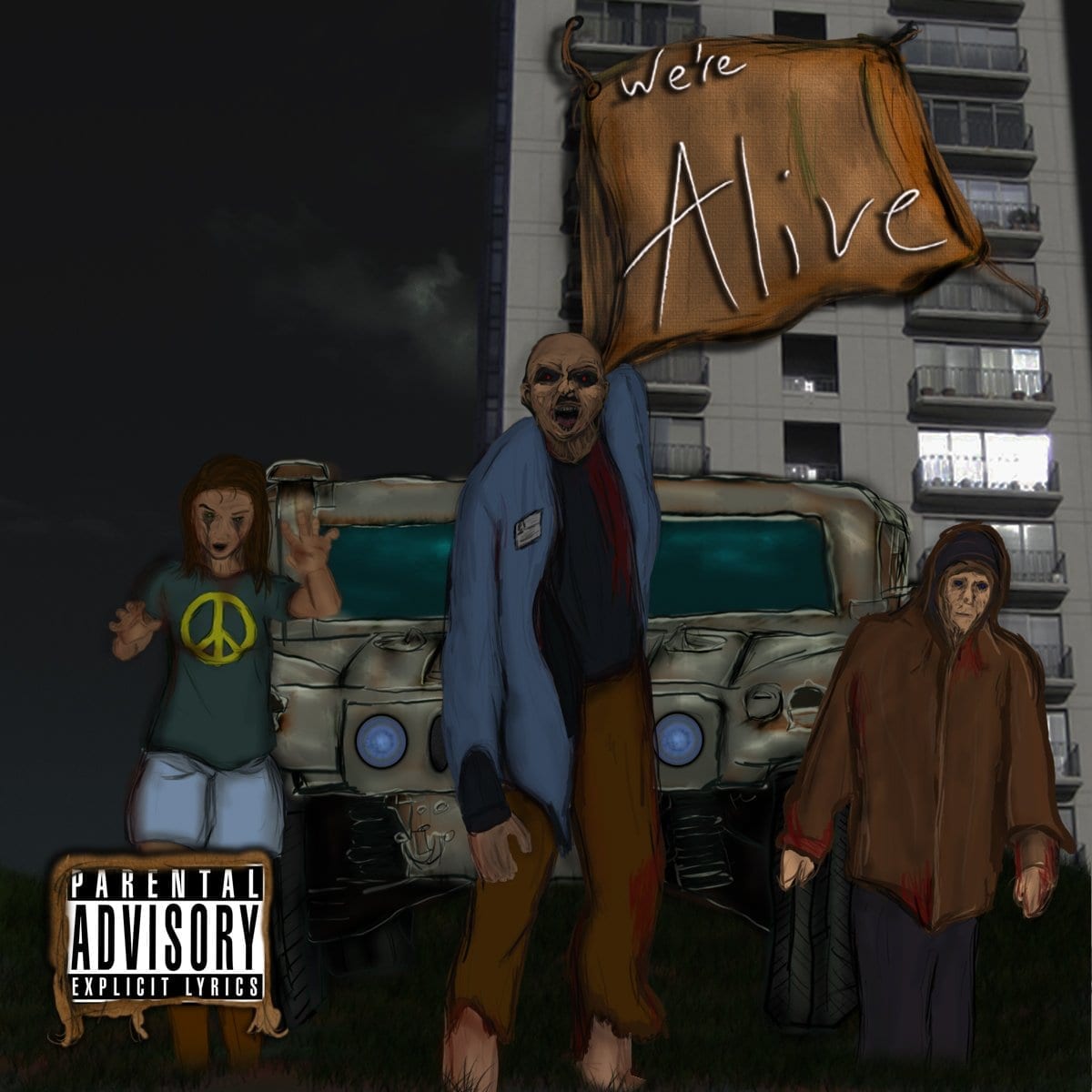 Cover Art for episode 1 of the We're Alive podcast with 3 zombies in front of a large jeep and high rise building at night