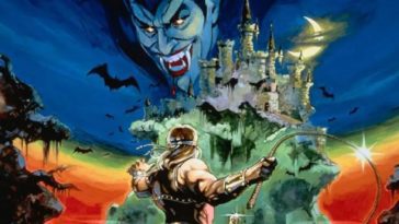 Cover art for Castlevania shows Simon Belmont, whip in hand, approaching Castlevania as Dracula's visage appears in the moonlight