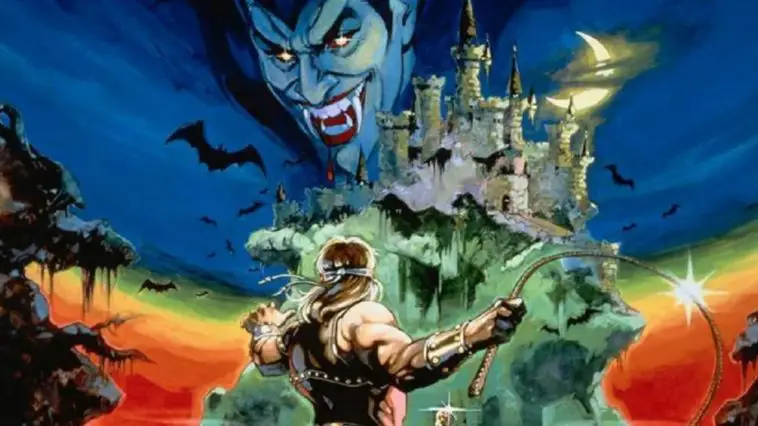 Cover art for Castlevania shows Simon Belmont, whip in hand, approaching Castlevania as Dracula's visage appears in the moonlight