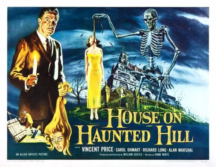 The poster for the original House on Haunted Hill features a man holding a candle and woman's decapitated head, a hand reaching out from a vat of boiling acid, a skeleton holding a woman by a noose, with the haunted house looming in the background.