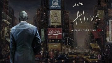 artistic impression of zombie apocalypse survivor in a suit in Times Square