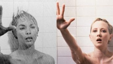 A side-by-side comparison of Marion Crane reaching out with mouth agape after being stabbed in the shower in the Psycho original and remake.