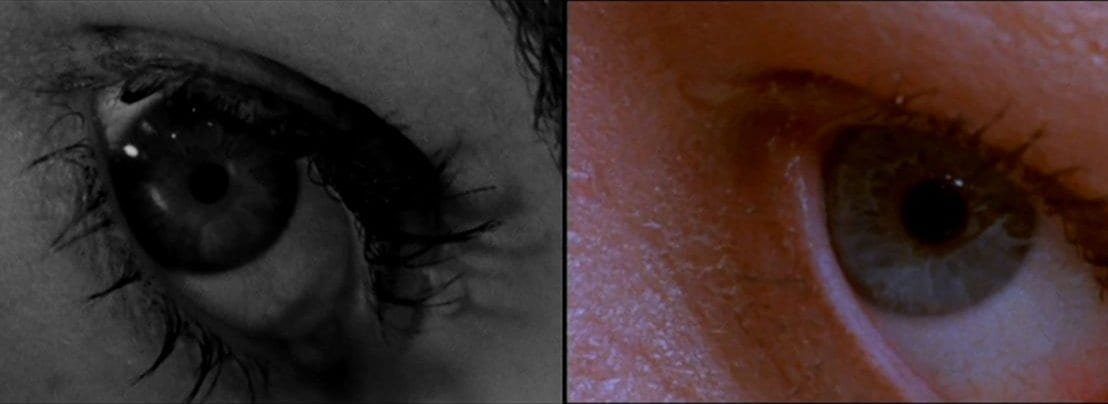 A side-by-side picture of a close-up shot of Marion Crane's eye from the Psycho original and remake.