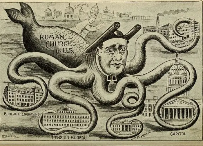 The Catholic Church depicted as an octopus wraps its arms around American institutions