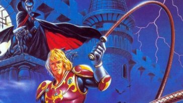 Simon stands before Castlevania, whip in hand, as Dracula peers down on him