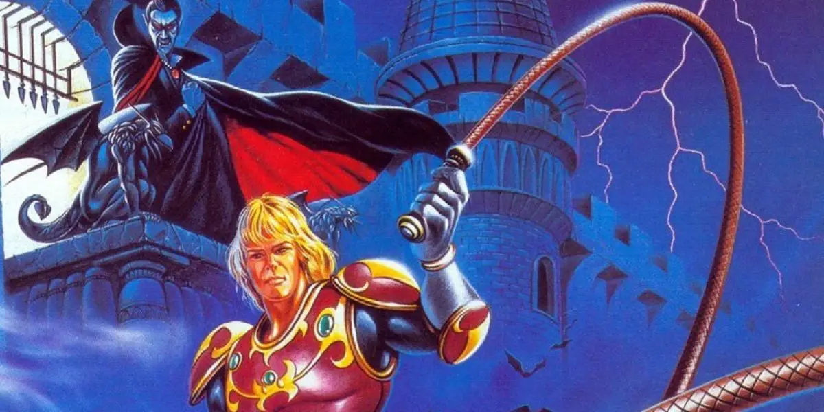 Simon stands before Castlevania, whip in hand, as Dracula peers down on him