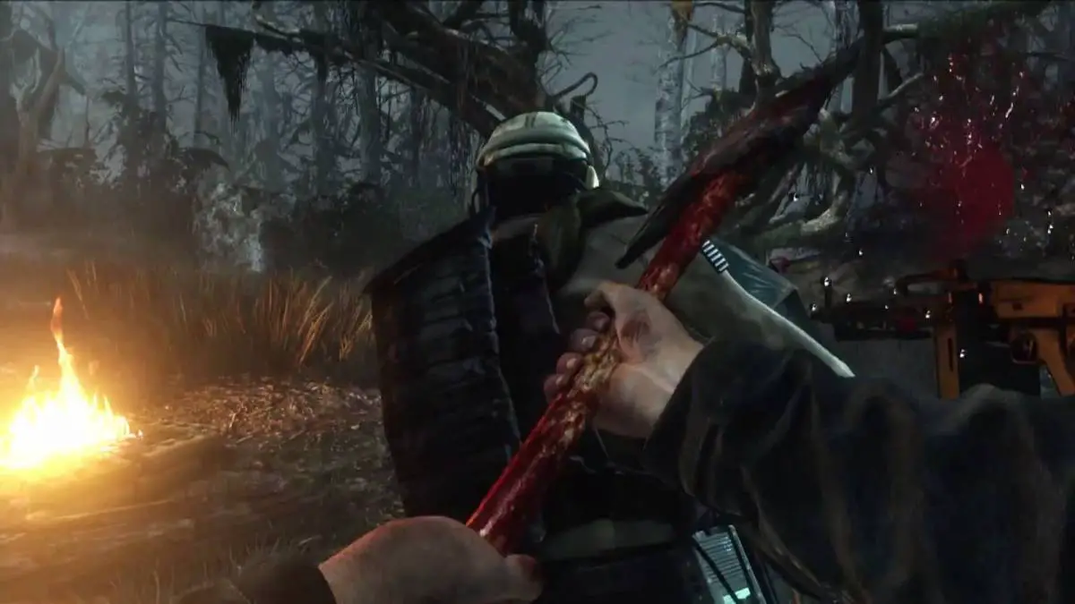 A first person view of Michaels axe slicing into the back of one of his victims