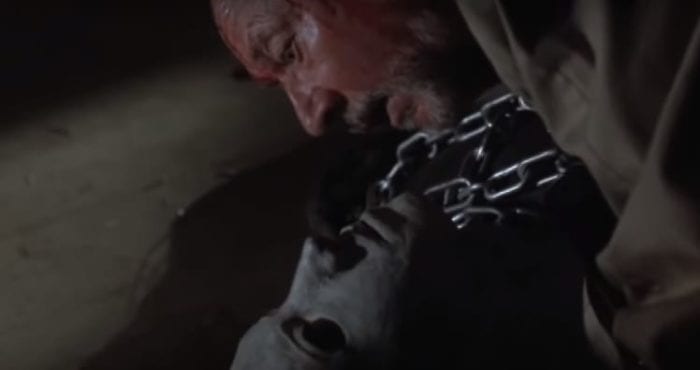 Loomis collapses on top of Michael at the end of Halloween 5. 