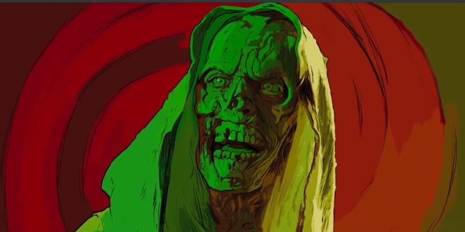 A stylized close up image of The Creep from Creepshow with corpse-like face and swirling red and green background.