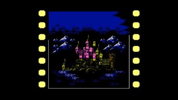 A film reel slows down to focus on a large gothic castle. Castlevania