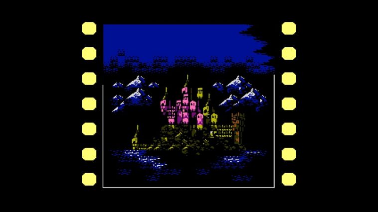 A film reel slows down to focus on a large gothic castle. Castlevania
