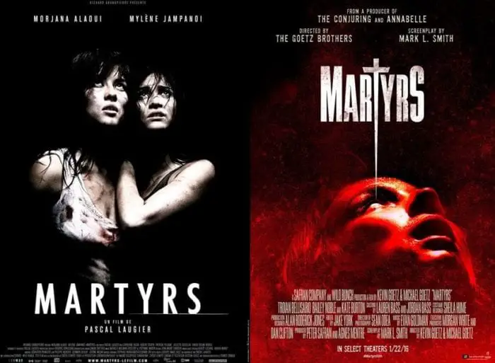 Lucie and Anna look upward on the Martyrs 2008 poster and a red-colored woman looks upward on the 2016 Martyrs movie poster
