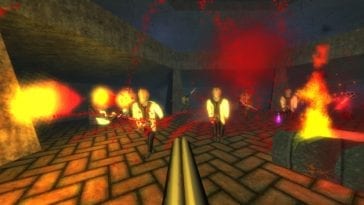 A view of several enemies from DUSK being blown apart by the player's double barreled shotgun in an underground chamber setting,complete with torch braziers