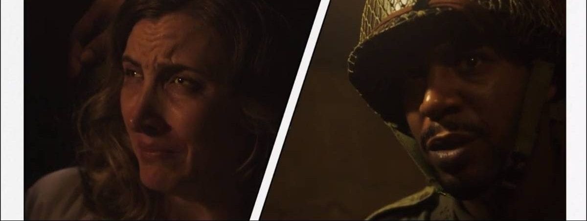A comic-book-like split screen shows a French woman crying and the American soldier who translates for her looking aghast.