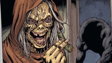 A comic-book graphic shows The Creep smiling and holding a severed with a shadowy werewolf in the background