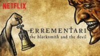 Netflix Art for the movie Errementari which is an illustration of a robed hand holding a bell and confronting a demonic face