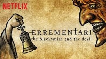 Netflix Art for the movie Errementari which is an illustration of a robed hand holding a bell and confronting a demonic face