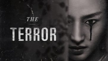 Yuko's face cries a blood tear as iit rests next to 'The Terror' logo