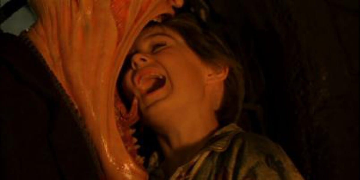 Freddy Krueger showing off one of the film's more interesting special effects with his wide open mouth scare trick near young Dylan