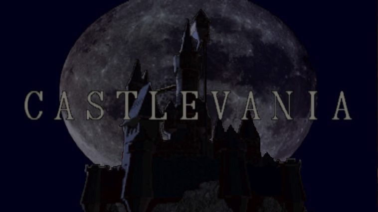 The Castlevania title appears in front of the titular castle, as it is bathed in the light of a full moon
