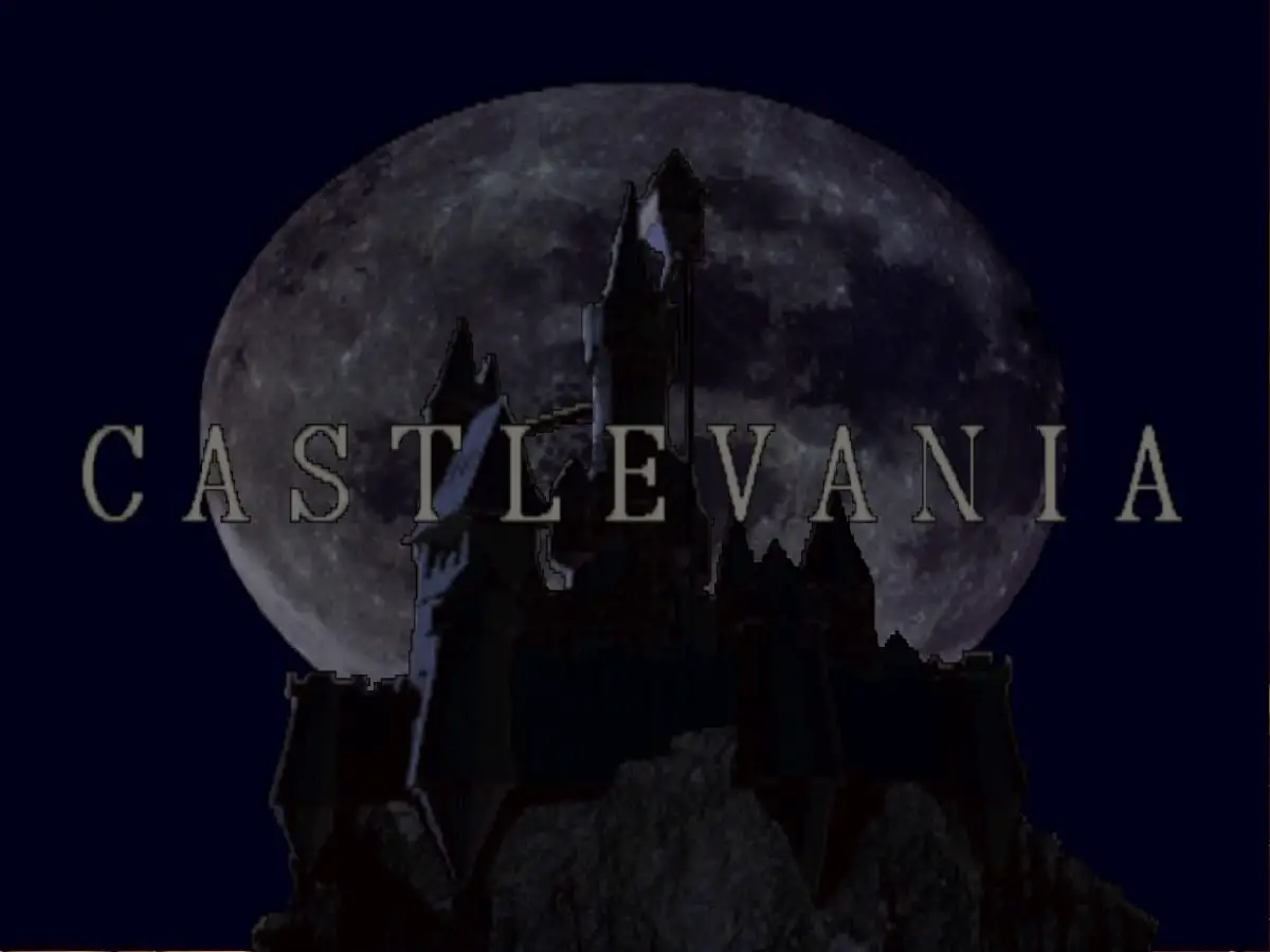 The Castlevania title appears in front of the titular castle, as it is bathed in the light of a full moon