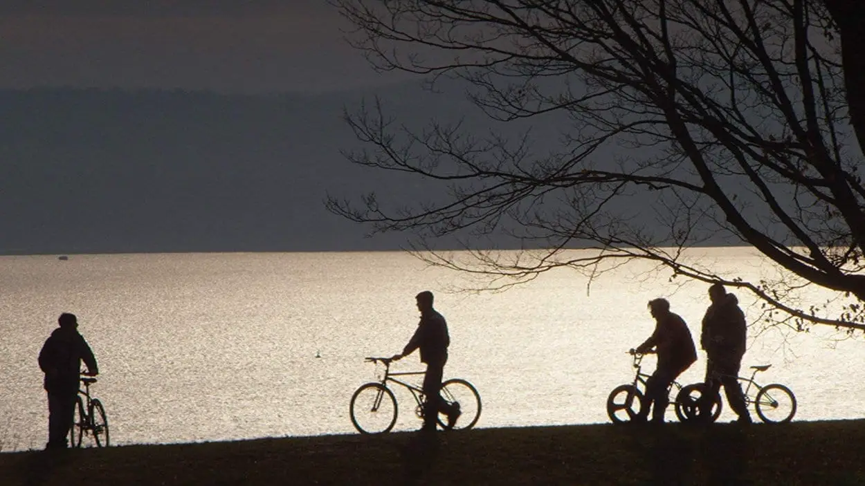 The film's characters stand silhouetted on the edge of a lake with their bikes