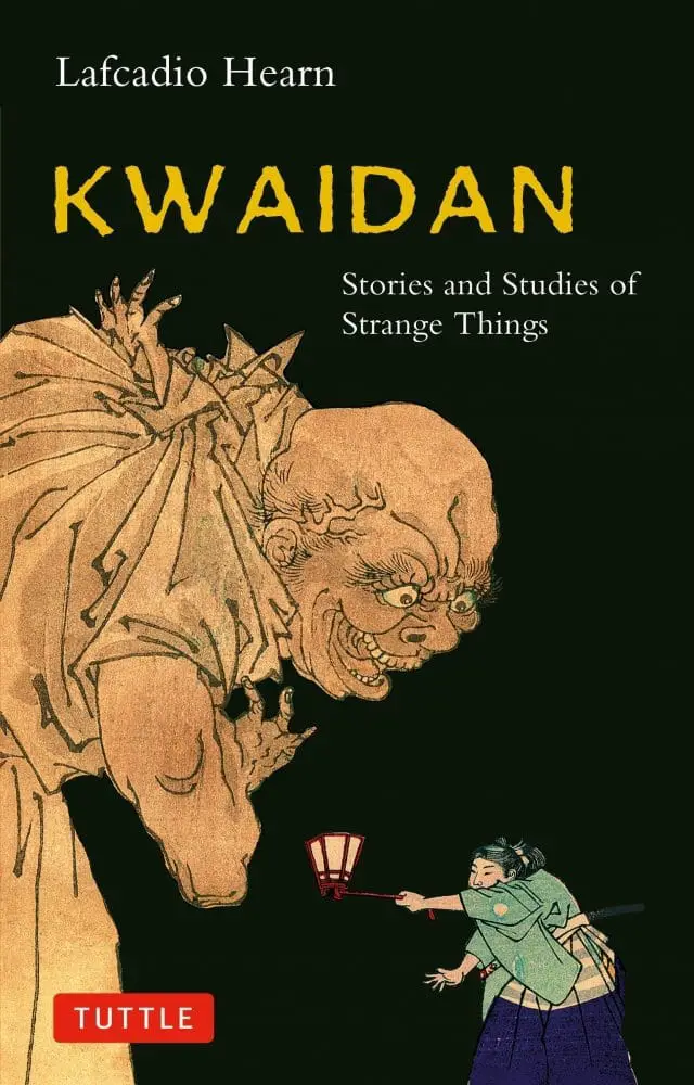 Book cover for Kwaidan, a giant monstrous being towers over a woman