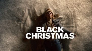 A logo and still from Black Christmas shows a woman making snow angels with a despairing look on her face