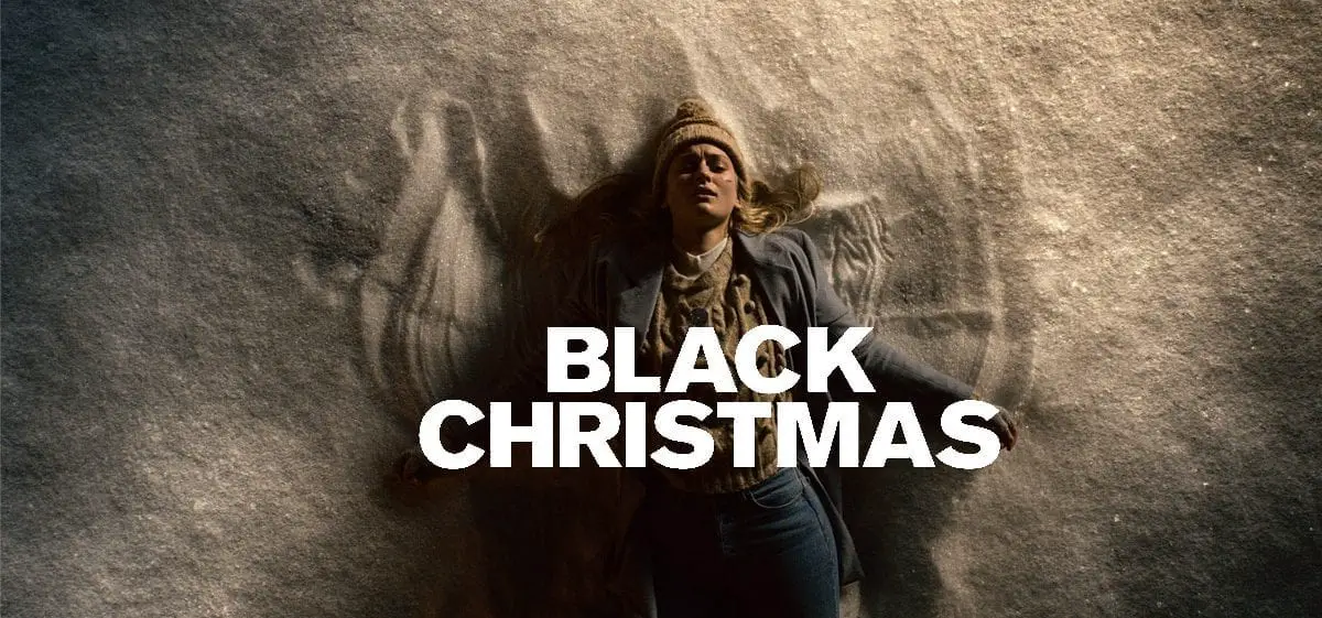 A logo and still from Black Christmas shows a woman making snow angels with a despairing look on her face