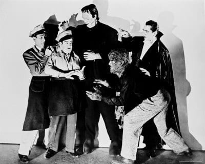 A photograph of Abbott and Costello with Universal Classic Monsters