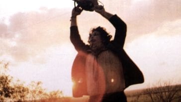 Gunnar Hansen, as Leatherface, waving his chainsaw in frustration at the end of Tobe Hooper's The Texas Chain Saw Massacre, from 1974.