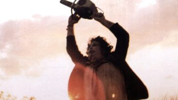 Gunnar Hansen, as Leatherface, waving his chainsaw in frustration at the end of Tobe Hooper's The Texas Chain Saw Massacre, from 1974.