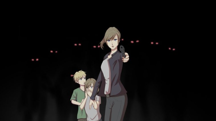 Chloe wields a gun against a wave of darkness while her children look on in horror