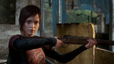 Ellie looks to her right while holding a rifle