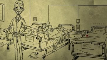 A mystery man in a suit and clown mask stands in a hospital room while a seriously injured man lays in bed. The image is hand drawn.
