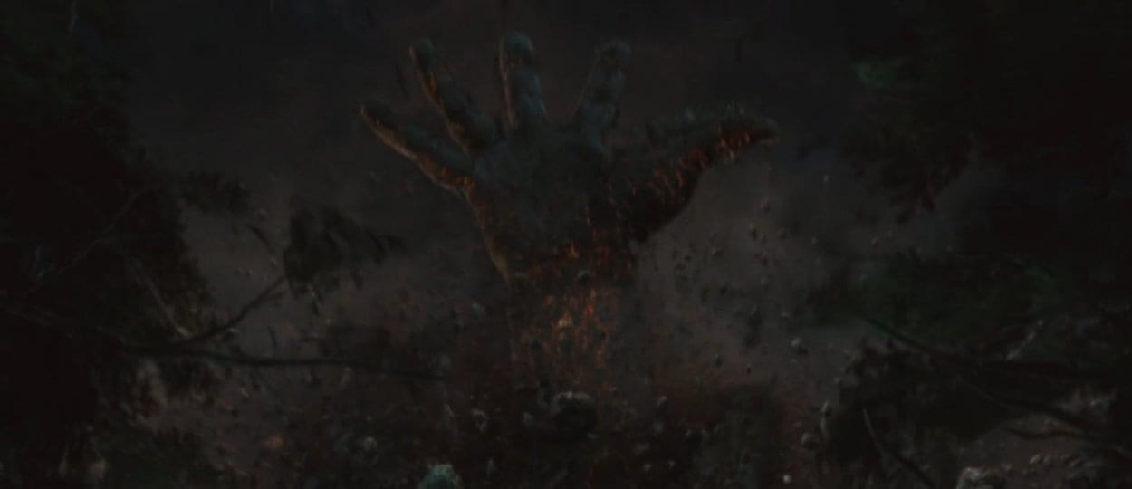 A giant hand breaks the surface at the end of The Cabin in the Woods
