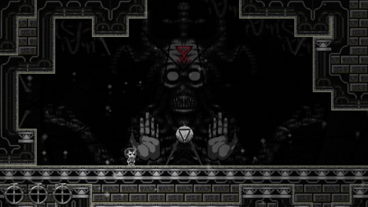 The undead player character stands in a chamber with a large symbol in the middle while a creepy face lurks in the background