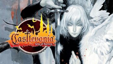 The title art for Castlevania Aria of Sorrow. Soma Cruz holds a silver sword upside down.