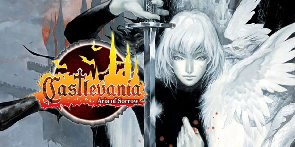 The title art for Castlevania Aria of Sorrow. Soma Cruz holds a silver sword upside down.