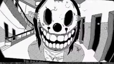 A person wearing a creepy grinning mask peers into a peep hole at the player.