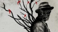 Promotional image for The Apostle: painting of a silhouetted man with a cross over his eye and tree limbs growing out of his back. Small red human figures are pierced on the tree limbs.
