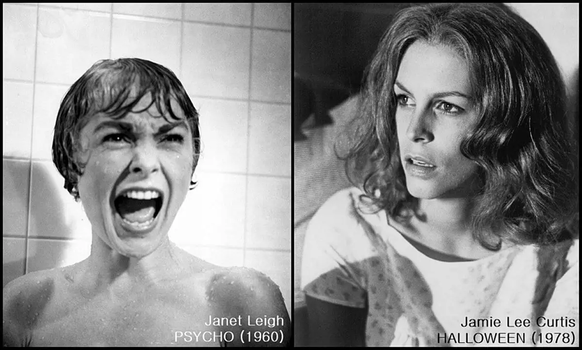 Janet Leigh and Jame Lee Curtis in a black white image taken from Physcos on the left and Halloween on the right