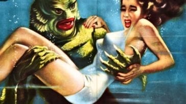 Close-up of monstrous green Gill-Man carrying away a screaming white woman in movie poster for Creature from the Black Lagoon.