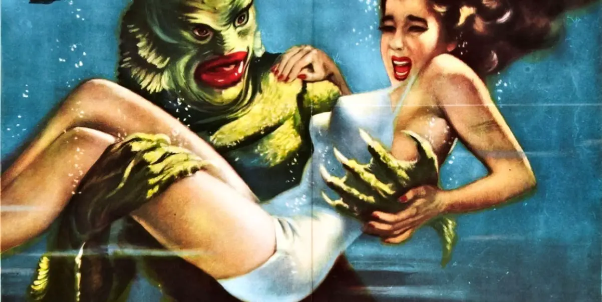 Close-up of monstrous green Gill-Man carrying away a screaming white woman in movie poster for Creature from the Black Lagoon.