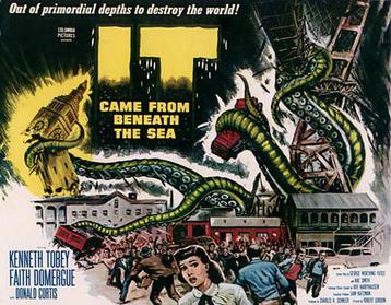 Movie Poster for It Came From Beneath The Sea depicting a crowd running way from gigantic tentacles that smash buildings in the background.
